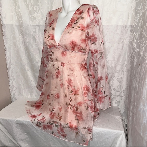 Double Crazy Pink Feminine Fairy Floral Sheer Long Bell Sleeve Flowy Dress - Picture 5 of 12